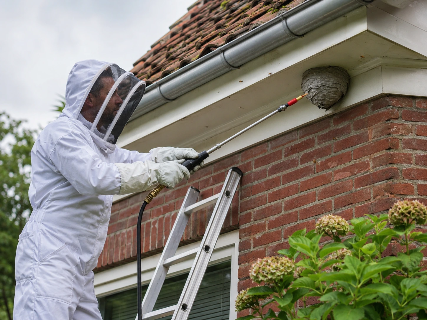 Vakman behandelt wespennest onder dakrand in Groningen met injectiestang